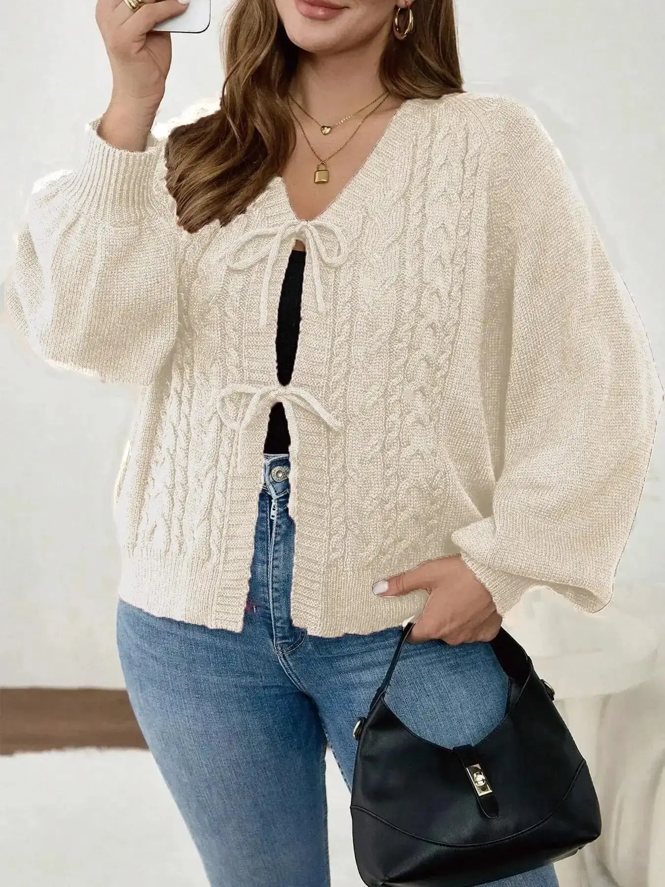 Plus Size Women's Blue V Neck Knit Cardigan Knitwear, Casual Long Sleeve Pullover, Fall & Winter Fashion, Comfortable Plain Design figure flattering viral style must have chic look