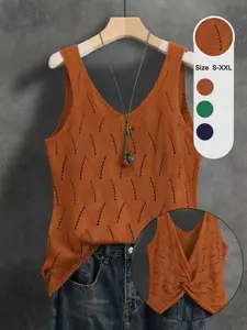 Women's V-Neck Hollow Out Cross Backless Vest Tank Top, Summer Casual Fashion, Basic Breathable Sleeveless T-Shirt, Elegant Twist Design, Everyday