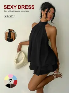 Versatile Lightweight Halter Neck Chiffon Romper, Open Back Layered Ruffle Mini Jumpsuit, Party Beach Date Night Leg-Lengthening