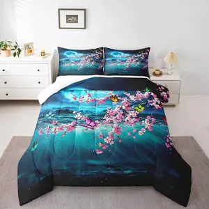 Tropical Ocean Bedding Set,Bright Moon with Cloud Comforter,Purple Cherry Blossom Home Decor Duvet,Watercolor Butterflies Duvet/Quilt Set,Girls Teens Birthday Gift