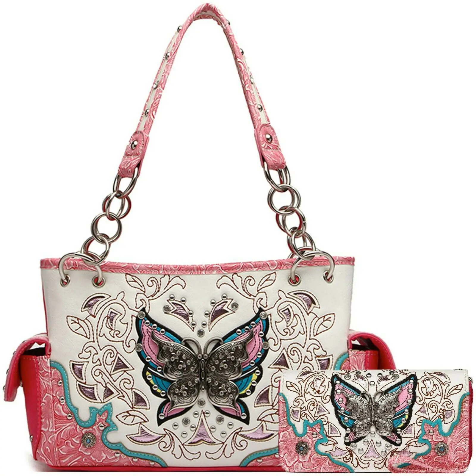 Western-style spring wallet set for women featuring butterfly floral design; includes handbag and shoulder bag with rhinestones and studs