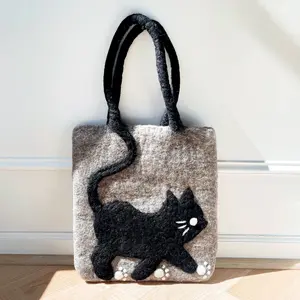 WOOLFOO Paw Trail Tote Wool Felt Handmade Bag Black Cat Cute Lightweight Durable Design Gift for Her Grey Body with Black & White Accents 13.5" x 11.3"