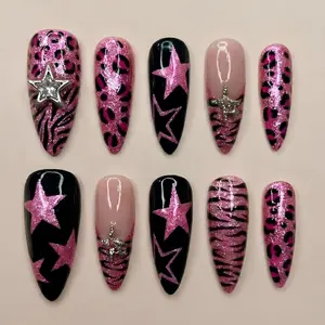 Pink Y2K Leopard Press On Nails – Glitter Star Almond Nails With Zebra Print And Glam Rock Aesthetic