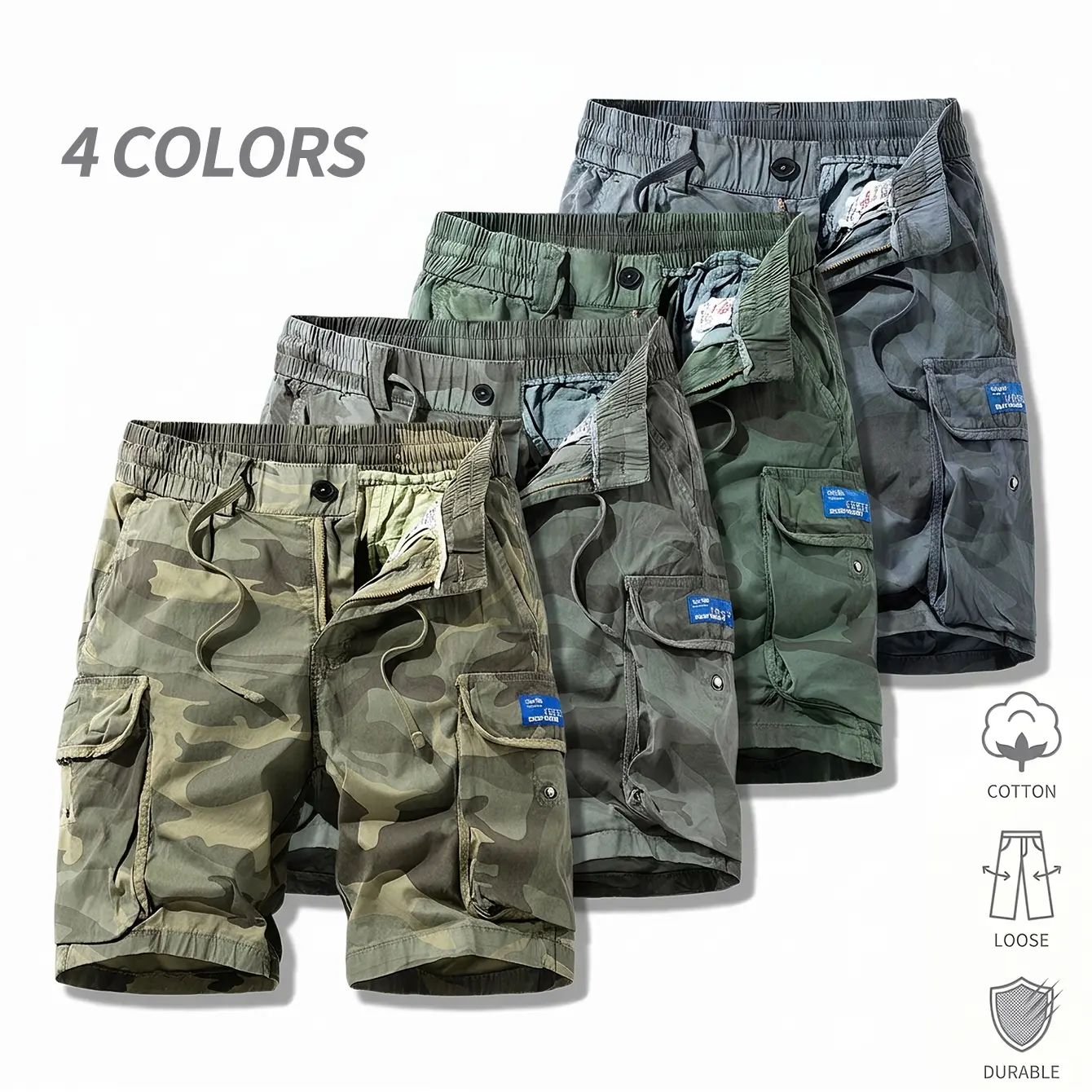Men's Camo Cargo Shorts - Durable Casual Street Menswear with Mid Waist, Adjustable Drawstring Elastic Waist, Fitted Cut, Zip Closure, Multiple Pockets for Outdoor Work, Camping