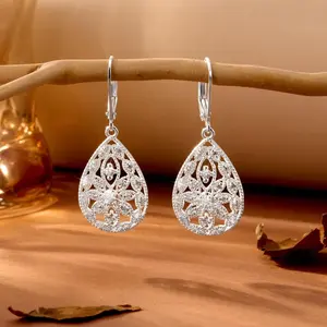 Silver platedr Plating Teardrop Earrings for Women, Cubic Zirconia Filigree Leverback Dangle Earrings, Hypoallergenic Gift