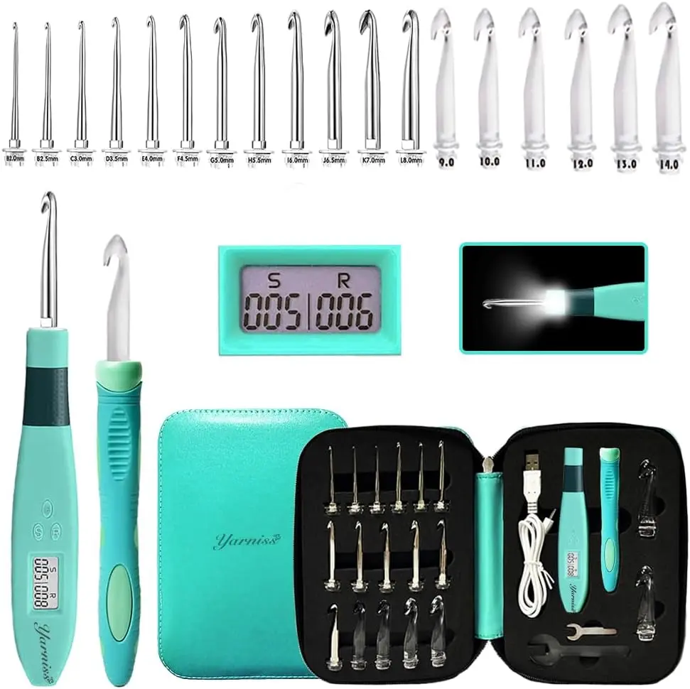 Yarniss 18 Size Counting Crochet Hooks with Light, Digital Counter Crochet Hooks Set with Case (2.0mm~14.0mm) Diy Knitting Supplies Crocheting Supplies