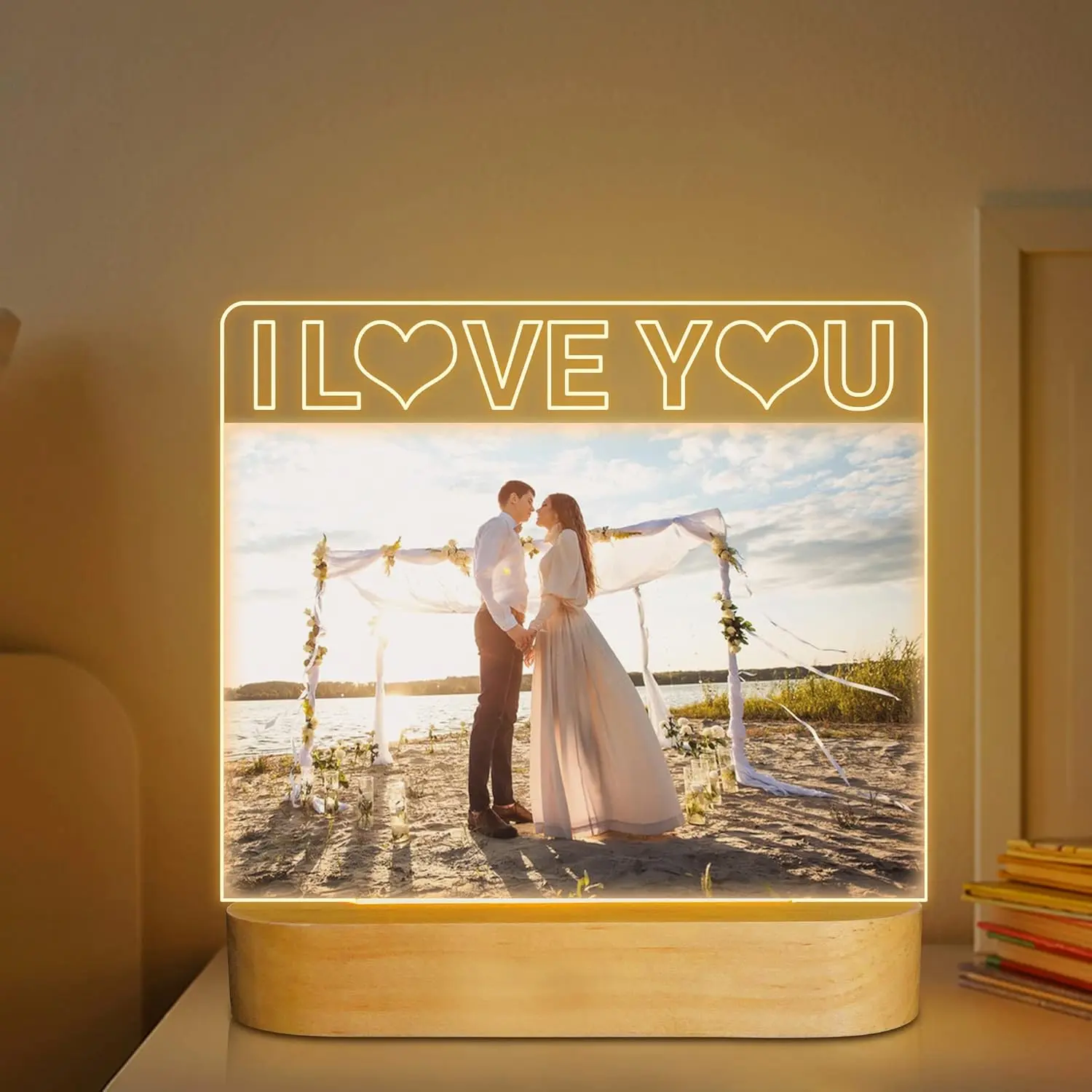 4x6 In LED Light-Up Acrylic Photo Frame - Corded USB Port Nightlight, Wooden & Plastic Components, Tabletop Home Decor, Gift Box Included, Ideal for Lovers on Valentine's Day