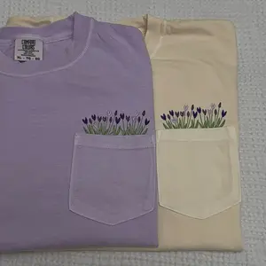 Embroidered tulips floral pocket Comfort Colors T-shirt, spring tulip Tshirt, spring summer embroidered shirt