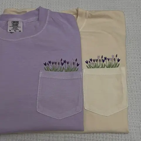 Embroidered tulips floral pocket Comfort Colors T-shirt, spring tulip Tshirt, spring summer embroidered shirt