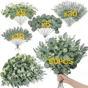 Set of 50 Synthetic Mixed Eucalyptus Leaves and 4 Types of Silver Color Willow Branches, Perfect for Bouquets and Home Decor