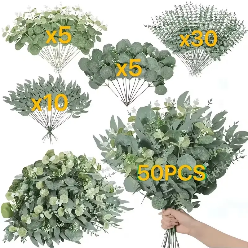 Set of 50 Synthetic Mixed Eucalyptus Leaves and 4 Types of Silver Color Willow Branches, Perfect for Bouquets and Home Decor