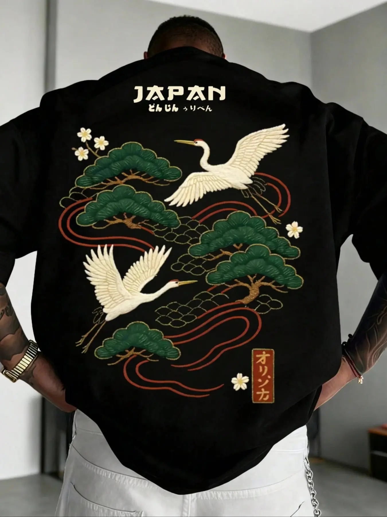 Unisex streetwear style, Japanese Ukiyo-e style crane print Graphic crew neck short-sleeved T-shirt, suitable for all seasons, perfect for streetwear, Y2K style, Japanese culture lovers, lucky crane belief culture, Aesthetic, Top, Fashion, Cultural