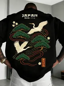 Unisex streetwear style, Japanese Ukiyo-e style crane print Graphic crew neck short-sleeved T-shirt, suitable for all seasons, perfect for streetwear, Y2K style, Japanese culture lovers, lucky crane belief culture, Top, Fashion