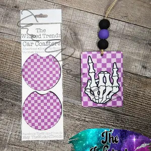 Purple Checkered Print Skeleton Rock On Car Hanging Scented Car Air Freshener Freshie Cute Car Truck Accessories Decor Car Charm Matching Car Coasters Set