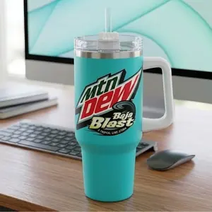Mountain Dew Baja Blast Vibrant Teal Tumbler 40oz With Handle & Straw Lid, A Tropical Lime Storm Graphic, Insulated Stainless Steel Cup, Large Capacity Sporty Drinkware, Reusable Cold & Hot Beverage Cup, Gift For Tropical Lime-flavored Soda Fans Fans