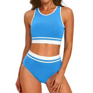 Yonique Women Sport Bikini Set Two Piece High Waist Swimsuit High Neck Colorblock Bathing Suit for Teen Juniors Athletic Swimsuit Modest Tummy Control Swimwear with Full Coverage Bottom