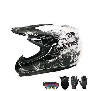 DOT Approved Matte White Graffiti Motocross Helmet Kit, Full Face Off-Road Dirt Bike Helmet with HD Goggles, Riding Gloves & Neck Gaiter, Ventilated Comfortable Protective Gear for Adults ATV & All Outdoor Riding