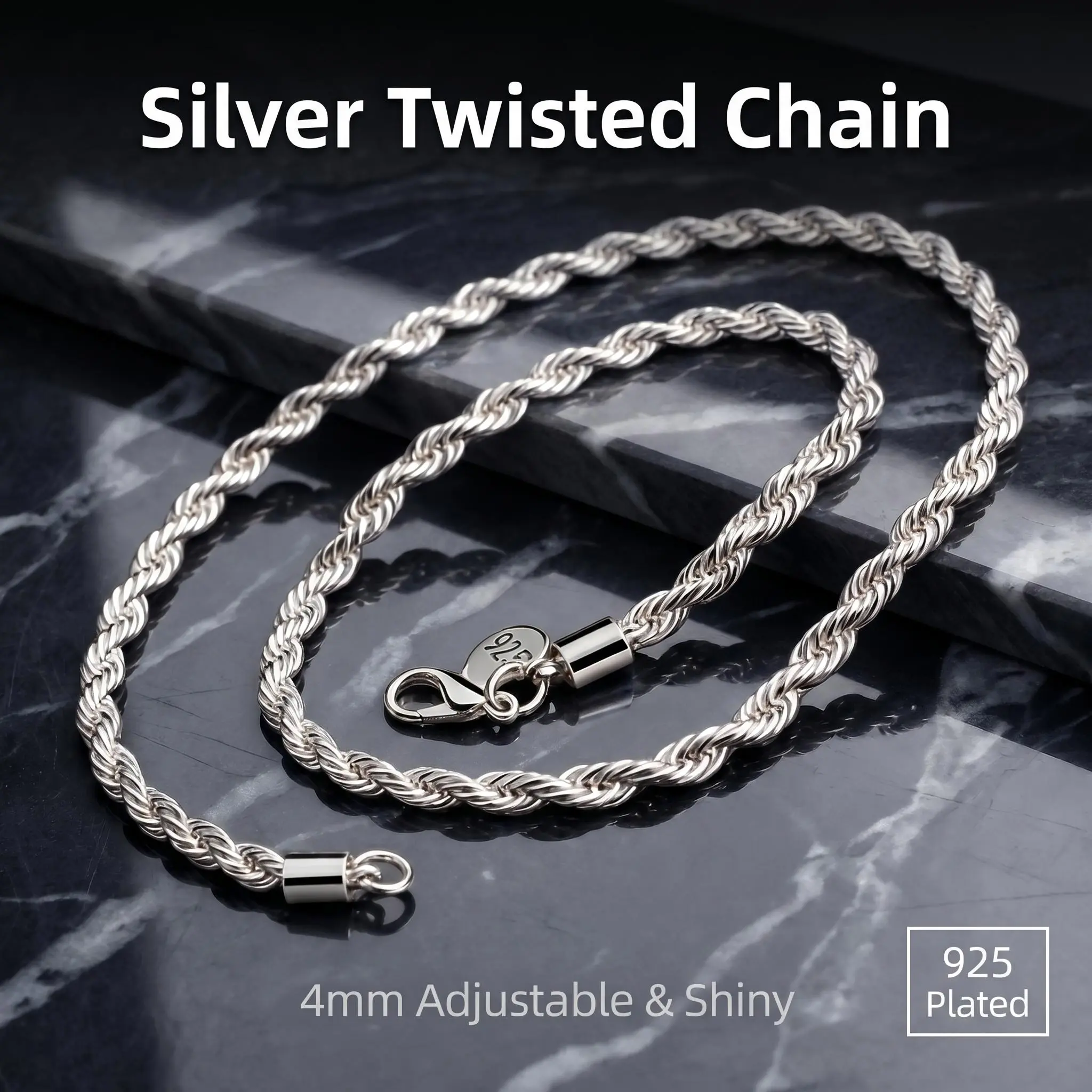Unisex 925 Sterling Plated 4MM Rope Chain Necklace - 20-24in (20 inch,50-60cm), Lobster Claw Clasp, Hypoallergenic, Nickel-Free, Lead-Free, Polished Base Metal, Anniversary Costume Jewelry for Daily Wear,Formal Occasions, Twisted Links, Adults, Birthday