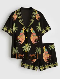 Women’s Coconut Tree Peacock Monkey Plant Short Sleeve Satin Pajama Set