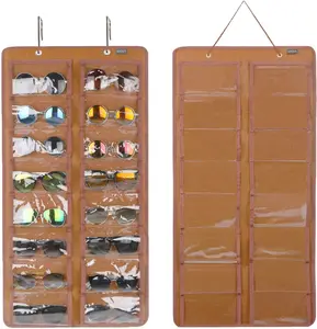 AROUY Sunglasses Organizer Storage, Hanging Dust Proof Wall Pocket Glasses Organizer - 16 Felt Slots Sunglass Organizers Holder with Metal Hook and Sturdy Rope (Brown, Dust Proof)