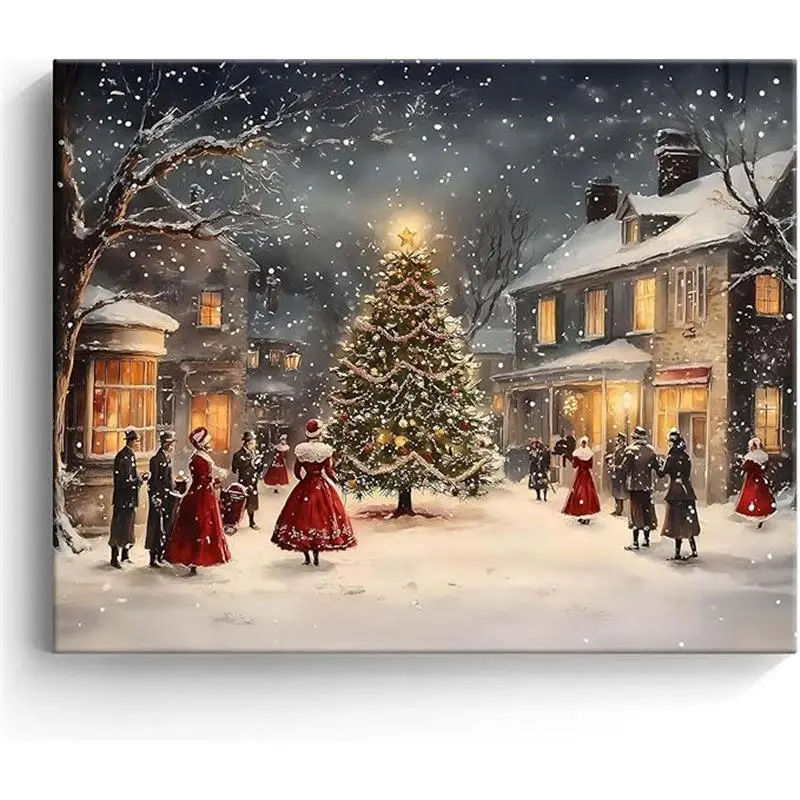 Christmas Canvas Wall Art Decor - Vintage Holiday Scene with Carolers and Christmas Tree in Snowy Village, Classic Festive Artwork for Room or Bedroom, Elegant Decoration for Home Décor 8X10 inch