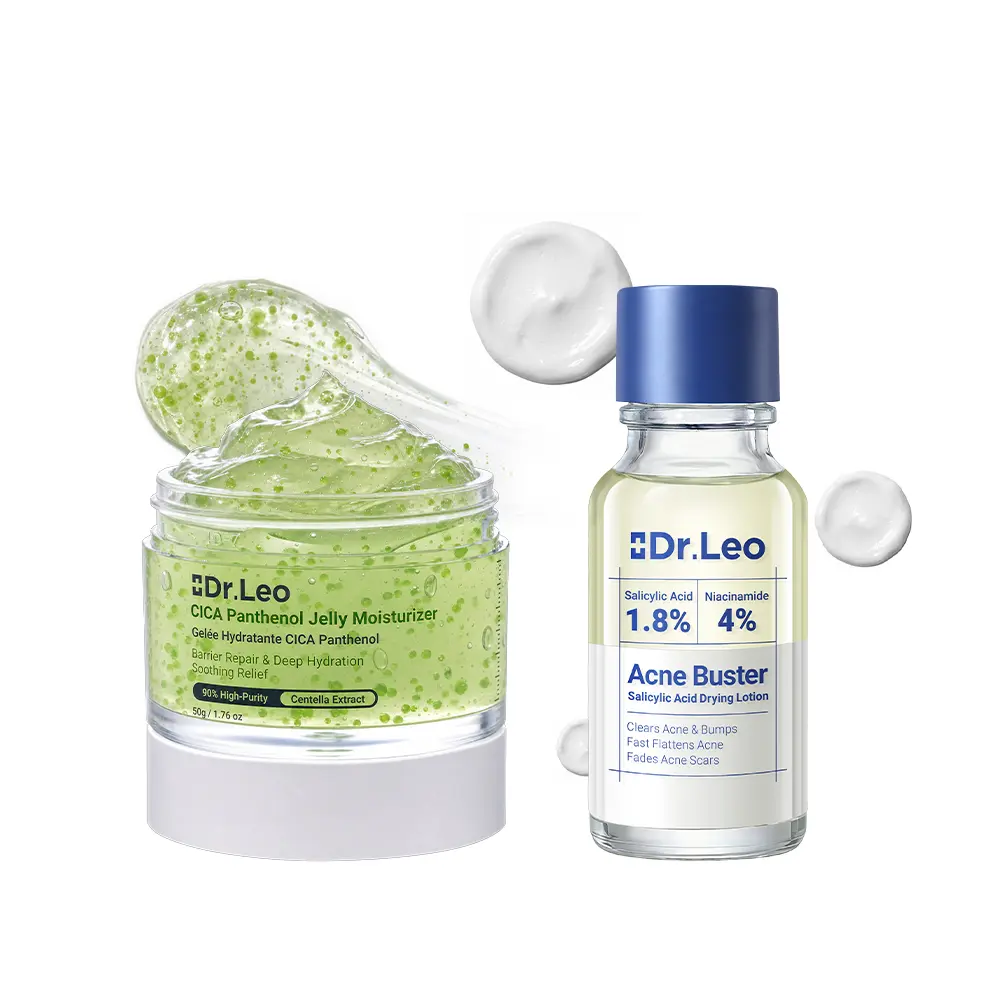 Dr.Leo Deep Relief Acne-Prone Skin Duo - CICA Panthenol Lightweight Moisturizing Hydrating Jelly Moisturizer + Salicylic Acid Pimple Powder Drying Lotion Spot Treatment, Barrier Repair Skincare Kit for Oily & Sensitive Skin