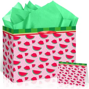 Watermelon Birthday  Bag Fruit Theme Wrapping Paper with Tissue Paper Greeting Card Watermelon Party  Goodie Bag Full Print for Summer Birthday  In A Melon Party Decoration Supplies