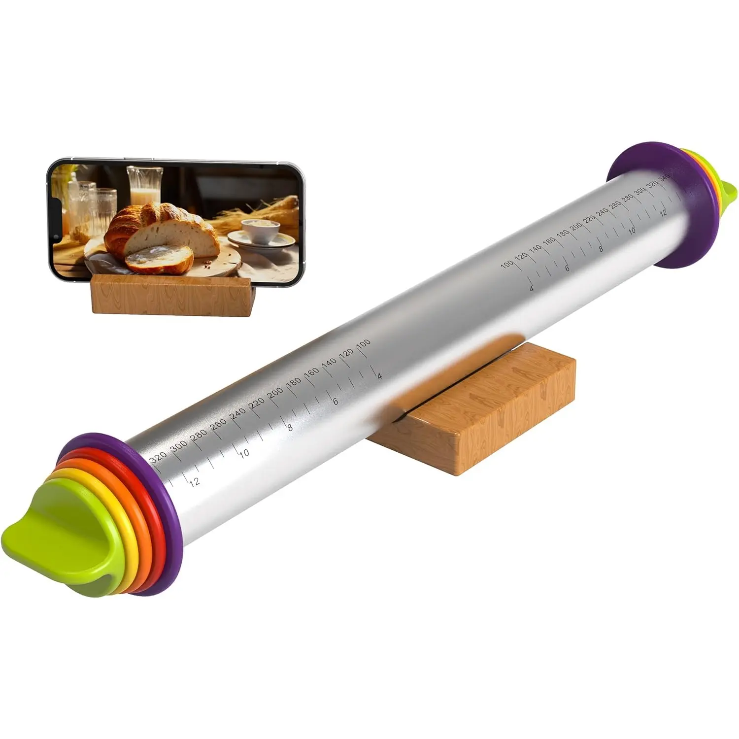 Stainless Steel Rolling Pin with Thickness Rings for Fondant, Pizza, Cookie, Pastry, Pie,Roller Rod for Dough Thickness,Rolling Pin for Baking, 13.6" with 4 Thickness Rings and Wooden Stand