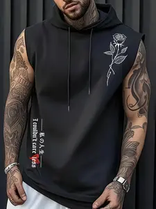 Men's Fashion Sport Hooded Vest, Cartoon Pattern Knit Fabric, Summer Casual Style, Fitted Design, Moderate Thickness, Non Sensitive Goods, Athletic Hoodie, Athletic Workout Clothing, Casual Print Hoodie