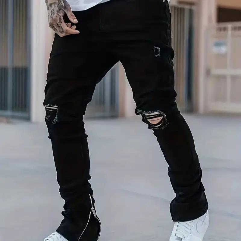 Men's black fashion jeans, ripped and ripped stretch denim trousers, comfortable and casual street jeans  Personalized Menswear