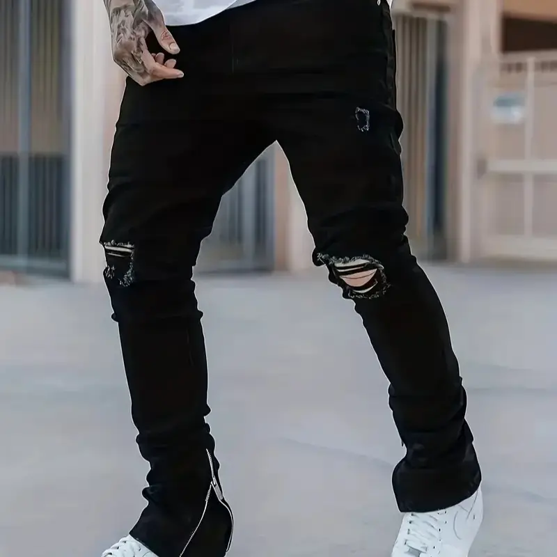 Men's black fashion jeans, ripped and ripped stretch denim trousers, comfortable and casual street jeans  Personalized Menswear