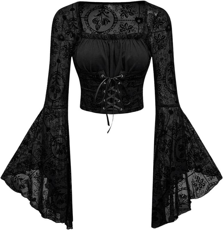 Verdusa Women's Gothic Clothes Flare Sleeve Tops Flower Pattern Velour Cross Lace-up Waist Crop Top Plus Size Double Pull Zipper Bodysuit Unisex Spandex