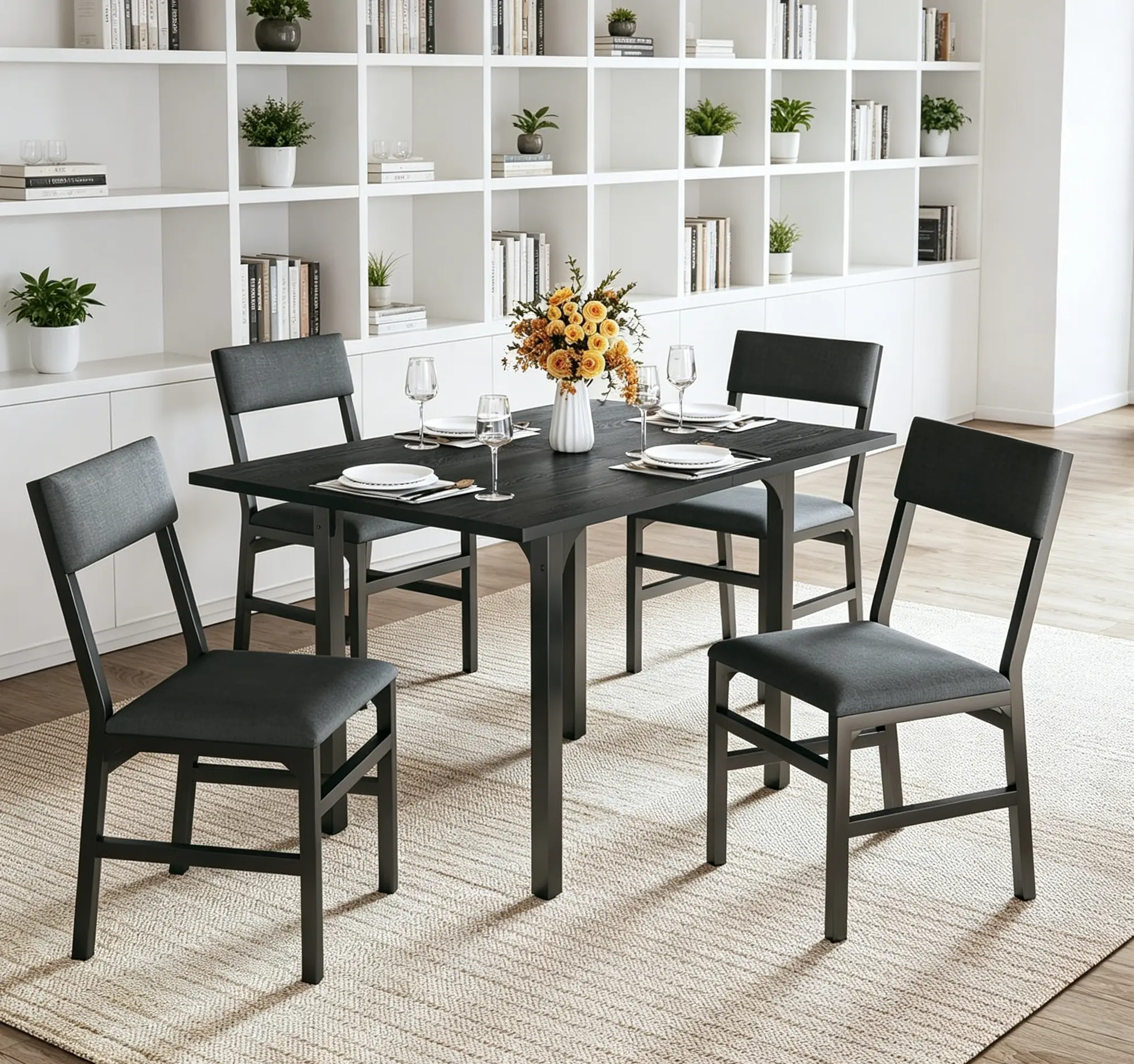Dining Table Set for 4, Extendable Kitchen Table Cushion Chairs Set of 4, Rectangle Dining Table with Metal Frame & MDF Board, Folding for Small Apartment Saving Space, Black