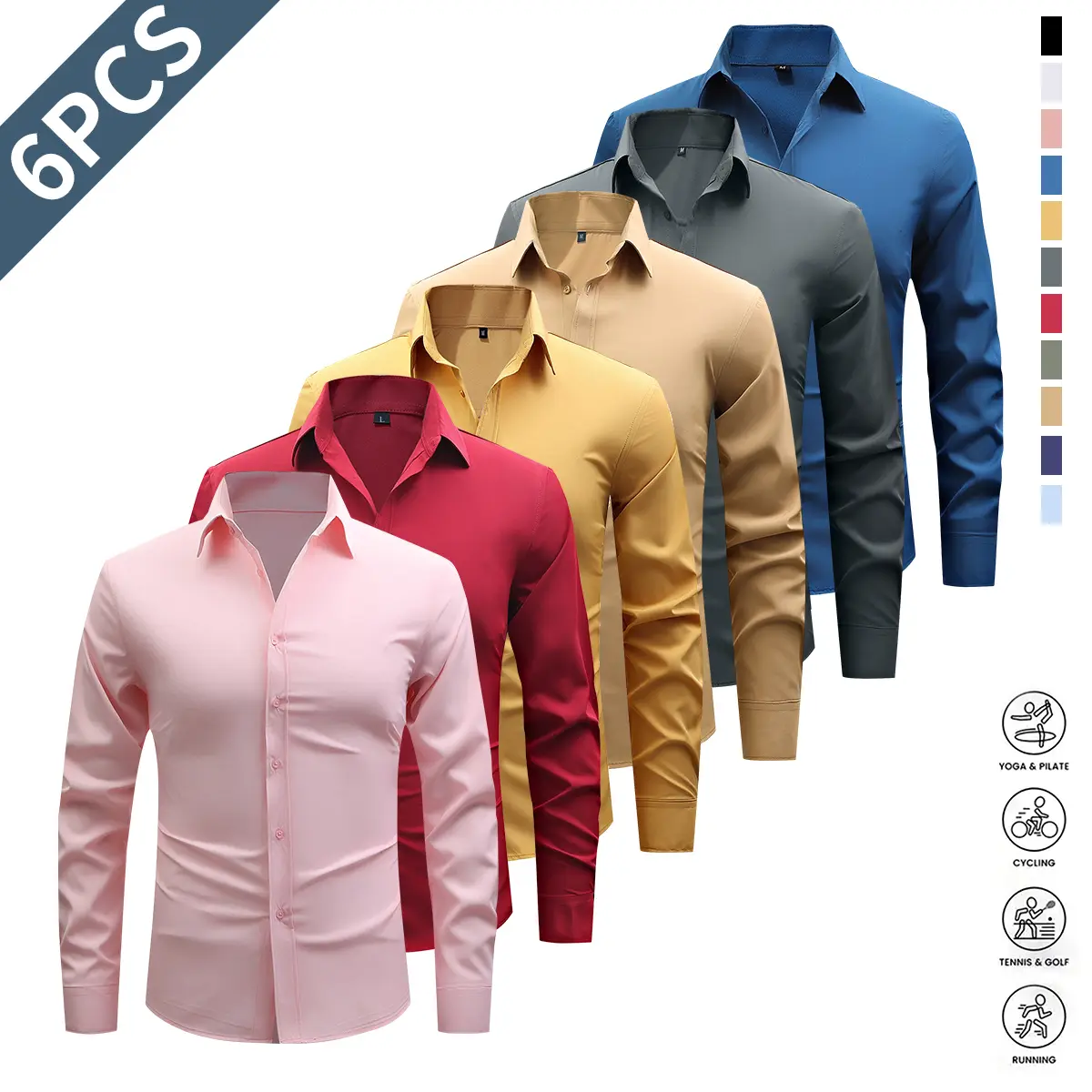Pack of 6 Men's Solid Dress Shirts with Long Sleeves and Fine Gemtone Buttons, Available in Multiple Colors, Perfect for Work and Casual Wear Pack of 6 Men's Solid Dress Shirts with Long Sleeves and Fine Gemtone Buttons, Available in Multiple Colors, Perfect for Work and Casual Wear