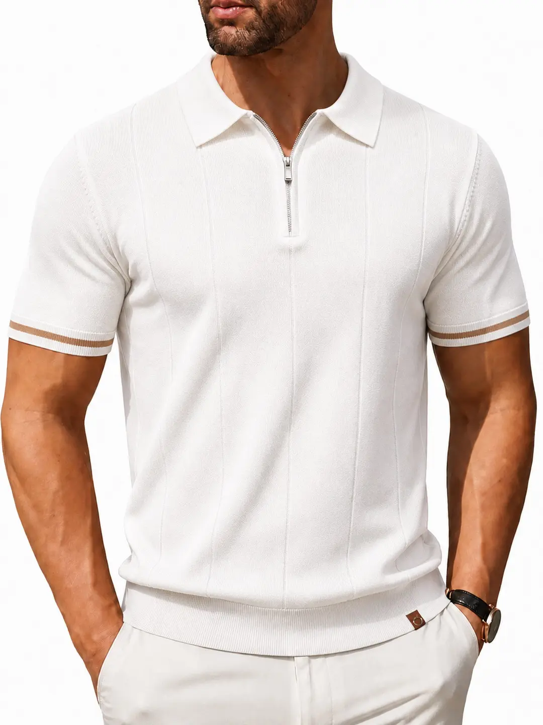 Men's Short-Sleeve Stylish Plain Zipper Knit Polo Shirt - Menswear Collared Top for Business Casual, Spring Summer Work Travel, Shortsleeve
