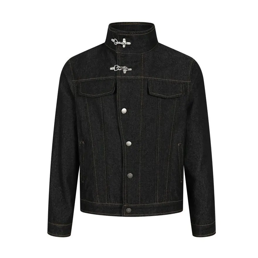 inflation Men's Retro Streetwear Denim Jacket - Fitted Cut Short Coat with Flight Buckle Stand Collar, Top-Stitch Detail, Button Fastening, Vintage Casual Spring Menswear