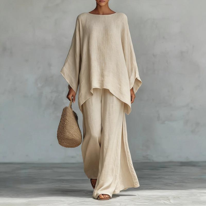 Women's Minimalist 2-Piece Set, Linen-Blend Loose Button-Down Shirt and Wide-Leg Pants Casual Outfit, Women's Clothes, Two Piece Set