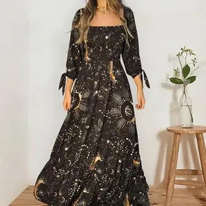 Luna Solar & Stars Printed 3/4 Long Sleeve Maxi Dress with Celestial Motifs and Elegant Tie Details for Versatile Wear