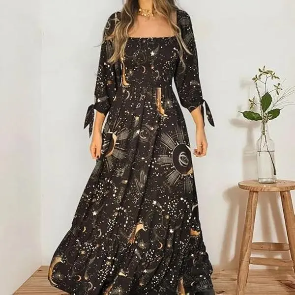 Luna Solar & Stars Printed 3/4 Long Sleeve Maxi Dress with Celestial Motifs  and Elegant Tie Details for Versatile Wear - TikTok Shop