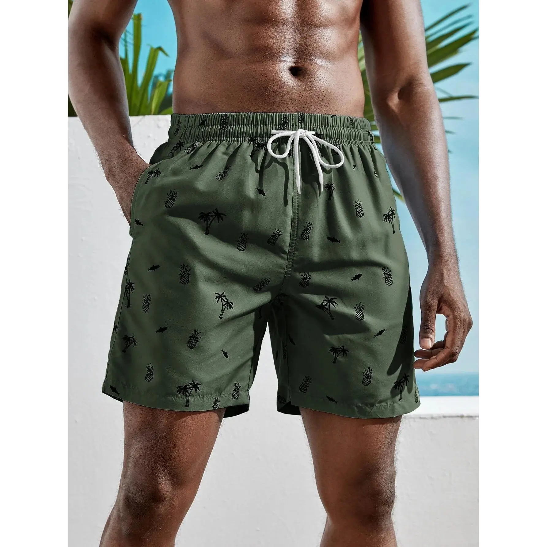 3D Lemon Pineapple Print Summer Leisure Beach Shorts Street Wear Quick drying Sports Polyester Lace up Surfing Shorts
