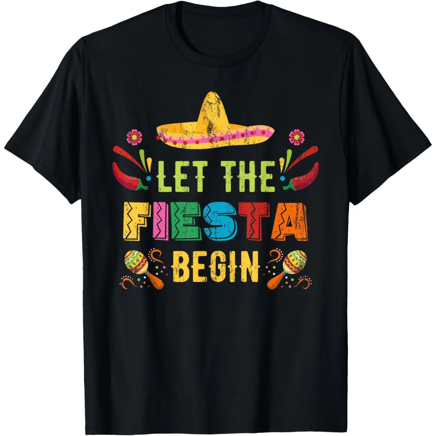 Women's 100% Cotton Short-Sleeve Streetwear T-Shirt - Lady's Everyday Clothes, Distressed Graphic, Round Neck, Funny Cinco de Mayo "Let The Fiesta Begin" Vintage Design