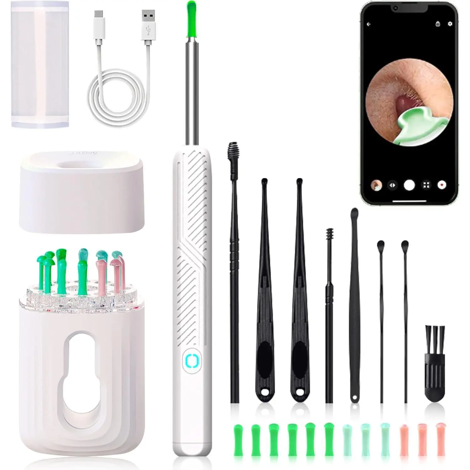 Rechargeable Ear Wax Removal Tool - Wireless Ear Cleaner Kit with 1080 HD Camera and Storage Case,  8 Replacement&12 Ear Picks ( Black )