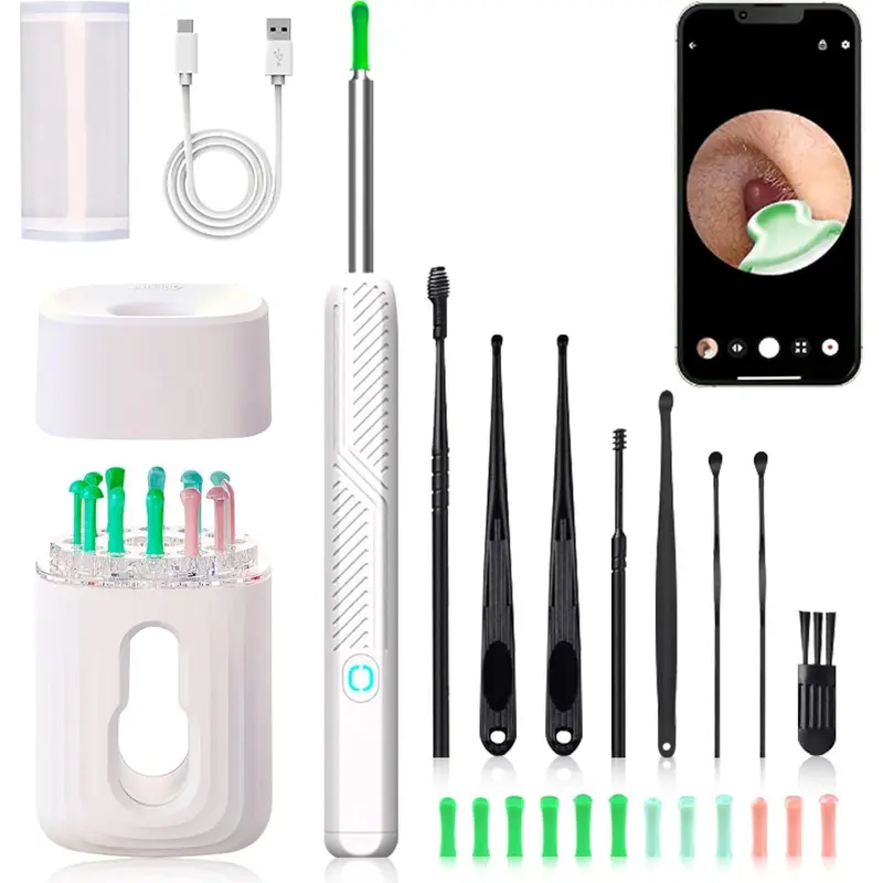 Wireless Rechargeable Silicone Earwax Remover Tool with 1080p Camera with Light - Earwax Removal Kit for Adults, WiFi, 12 Silicone Ear Picks, 8 Replacements, ABS Components, 130mAh, ~50 Min. Use, Charging Cable, Compact Storage Case (Black)
