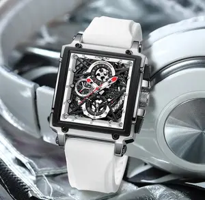 CRRJU White Racing Quartz Watch with Built-in Tachometer Day Display Soft Silicone Bands Square Design for Everyday Use