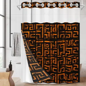 1pc hookless shower curtain with buckle lining, orange and black geometric maze design, 2D flat printing, fabric waterproof lining, see-through double-layer shower curtain, 71 x 74 inches, modern home draping curtain.