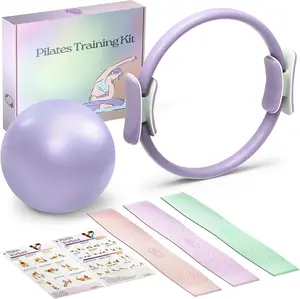 Pilates Ring Set: 14-Inch Magic Circle with Dual Padded Handles, Pilates Mini Ball, and Resistance Bands (15, 25, 35 lbs) for Strength, Flexibility, Stability, and  Toning