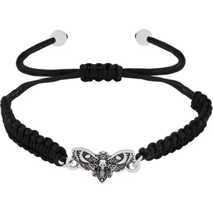 Skull  Moth Black Braided Bracelet Strand, Gothic Emo Punk Grunge Bracelet, Goth , Christmas   for Women