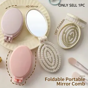1pc Foldable Compact Handheld Hair Comb with Mirror, Cream Color Portable 2-in-1 Pocket Hairbrush for Travel & Daily Makeup