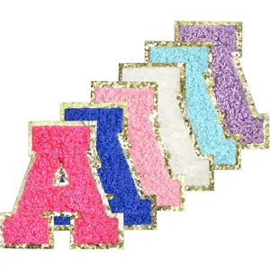 6Pcs Self Adhesive Chenille Letter Patches Iron on Varsity Preppy Glitter Fuzzy Letters for Clothing Bag Laptop Phone Case Mixed Color A