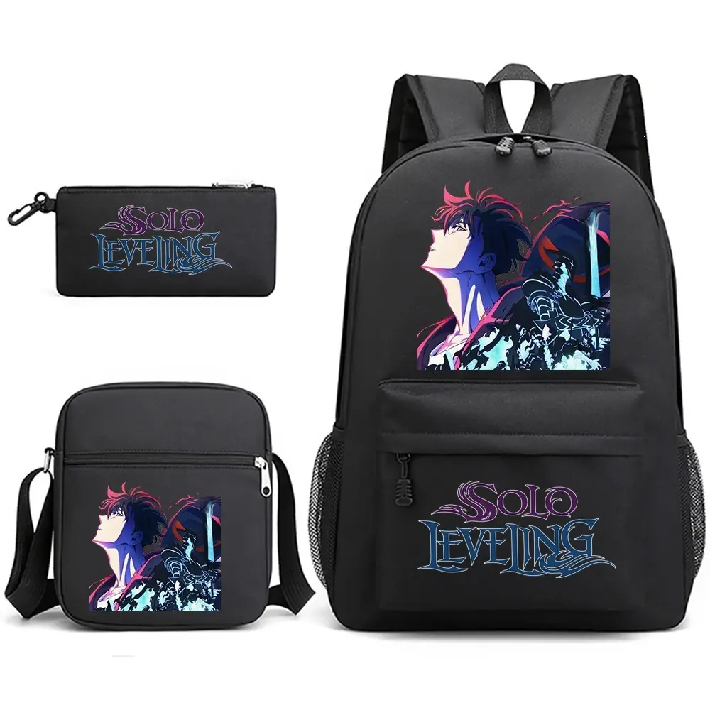 "Solo Leveling" Anime Print 3-Piece Multi-Bag Set - Character Art Student Backpack, Shoulder Bag, Pencil Case